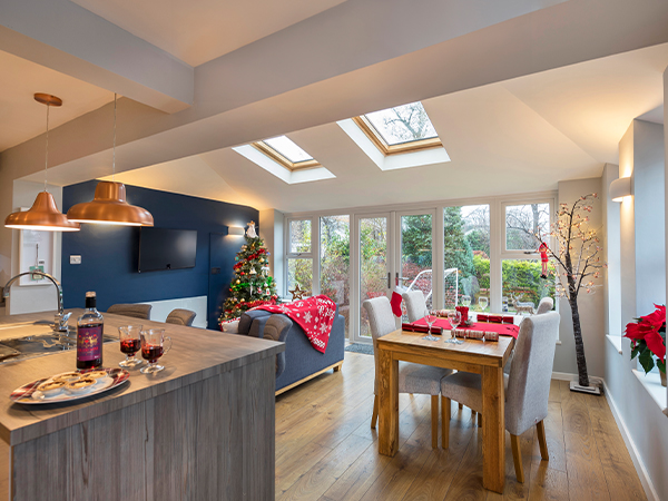 An open-plan kitchen-diner at Christmas